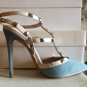 Denim 5 1/2” heels silver studs on white leather